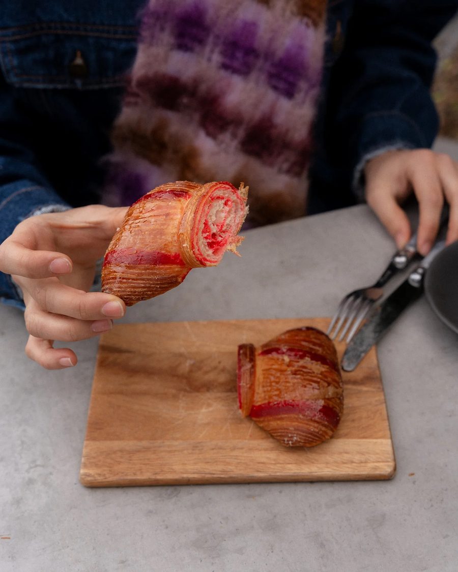 House pastry on a board with specialty coffee